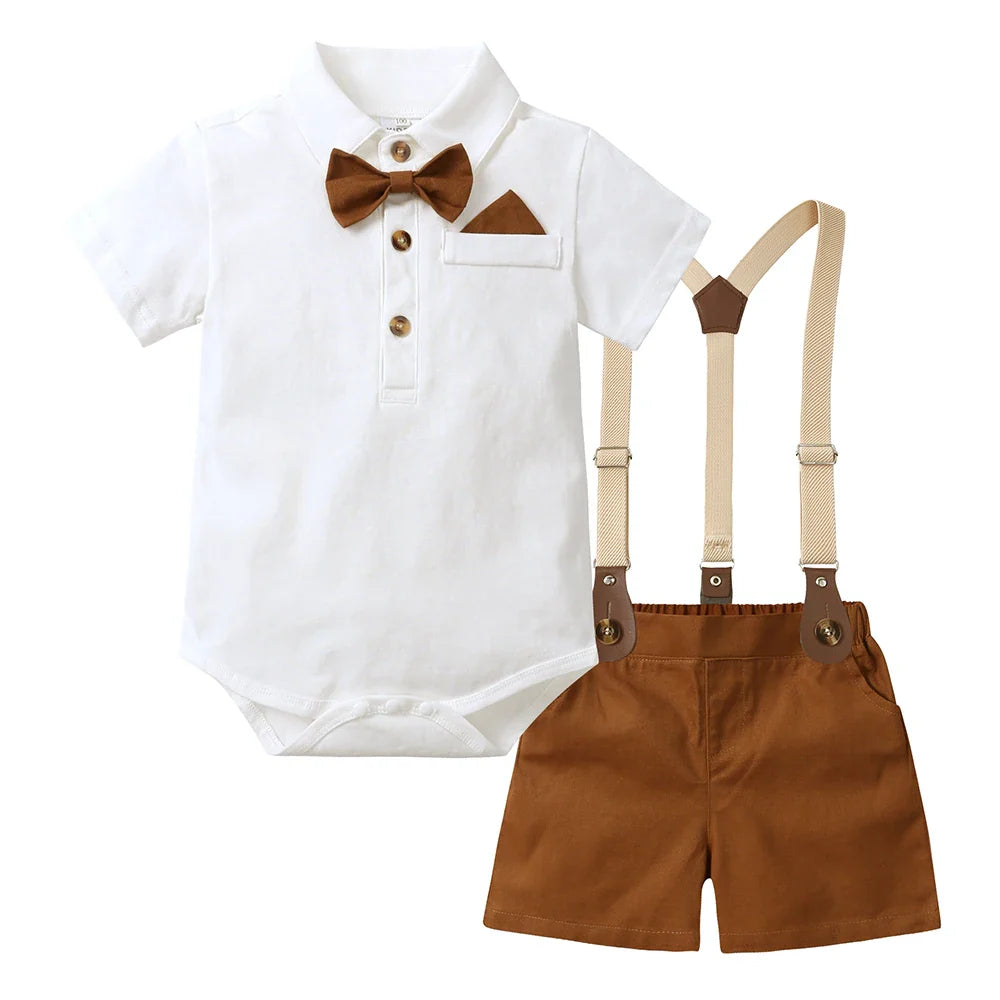 2026 Baby Boy Formal Birthday Outfit Suit Toddler Gentleman Clothes Infant Short Sleeve Bowtie Shirt+Suspender Pants Casual Sets