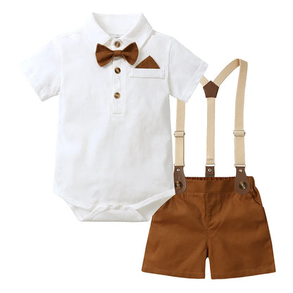 2026 Baby Boy Formal Birthday Outfit Suit Toddler Gentleman Clothes Infant Short Sleeve Bowtie Shirt+Suspender Pants Casual Sets