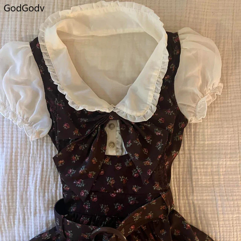Spring Sweet Vintage Elegant Woman Dress Y2k Puff Sleeve High Waist Fake 2 Piece Mini Dress Female Doll Collar Chic Outfits 2025