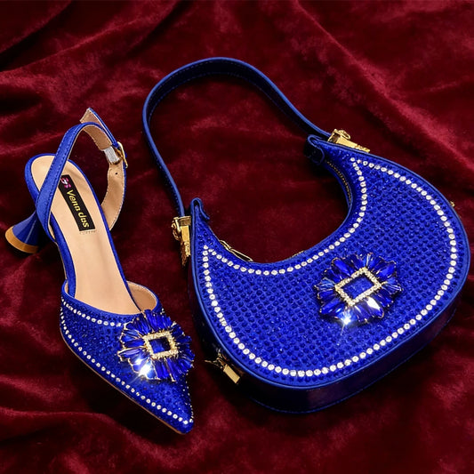 Blue Color Rhinestone Comfortable high heel shoe And Bag Fashion Style Pointed-Toe Shoes For Women Or Commuting Shoes