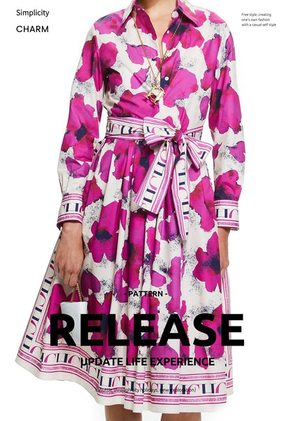 Women's Dress New Long sleeved Shirt Long Skirt Flower Print Party Dress