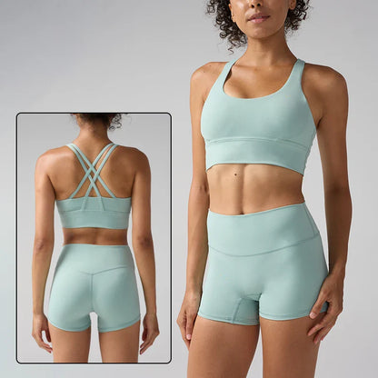 2 Pieces Solid Color Women Gym Yoga Set Cycling Short Legging Cross Sport Bra Tracksuit Suit Comprehensive Training Jog Athletic