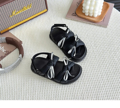 2026 Summer Girls Princess Sandals with Double Bow-knots Soft Fashion Classic Kids Summer Beach Shoes Open Toes Sweet Anti-skid