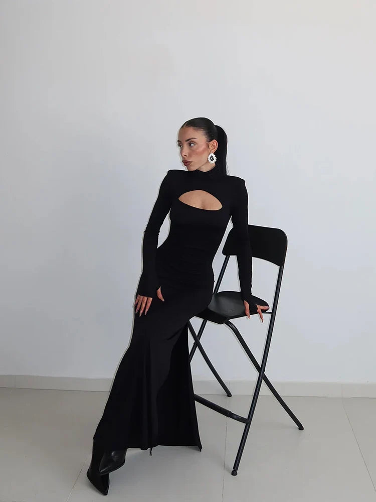 Sheath Women's Maxi Dresses Solid Turtleneck Regular Long Sleeves Hollow Out Slim Fit Bodycon Party Vestidos Robes