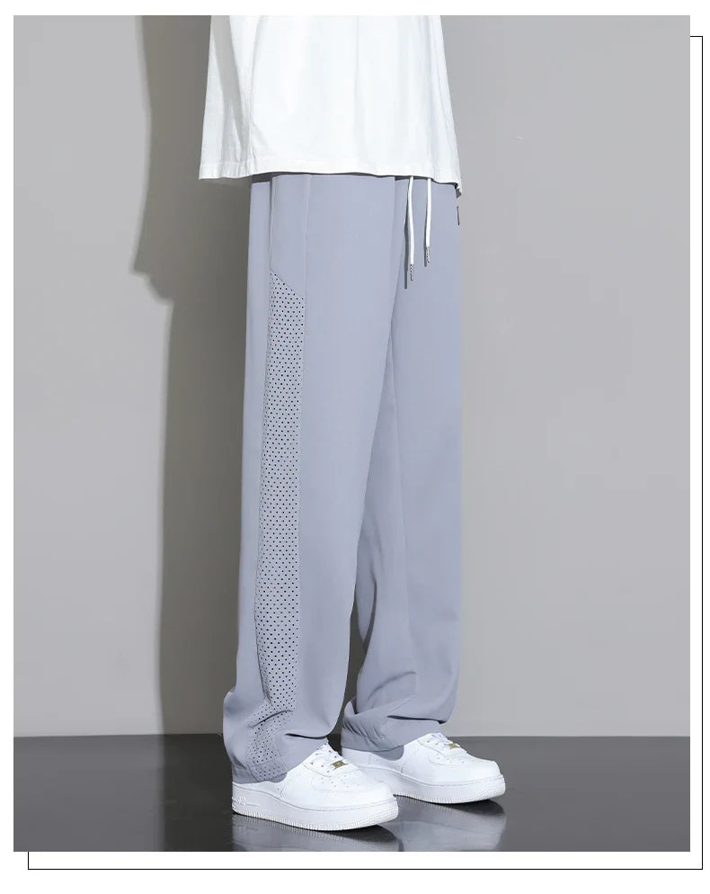 Men's Ice Silk Pants Summer Thin Style Drape Effect Loose Straight Casual Long Pants Trendy Brand Wide‑Leg Sports Pants for Boys