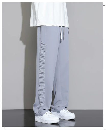 Men's Ice Silk Pants Summer Thin Style Drape Effect Loose Straight Casual Long Pants Trendy Brand Wide‑Leg Sports Pants for Boys