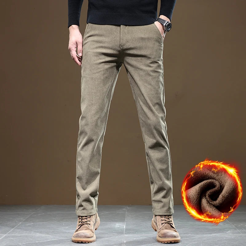 2025 New Winter Fleece Warm Corduroy Pants Men Business Fashion Slim Fit Stretch Thicken Gray Khaki Fluff Casual Trousers Male