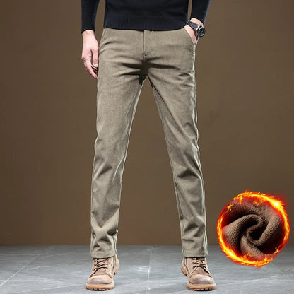 2025 New Winter Fleece Warm Corduroy Pants Men Business Fashion Slim Fit Stretch Thicken Gray Khaki Fluff Casual Trousers Male