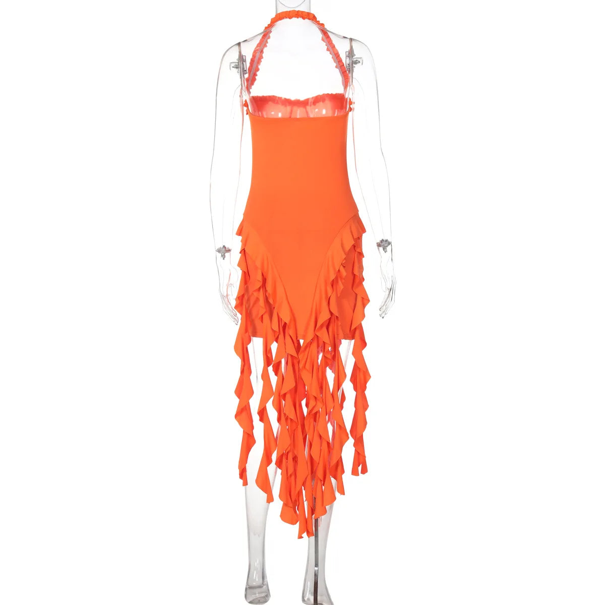 Elegant Halter Solid Ruffles Backless Taseel Sexy Slim Mini Dress Spring Women Cute Outfits Birthday Party Vacation
