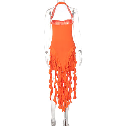 Elegant Halter Solid Ruffles Backless Taseel Sexy Slim Mini Dress Spring Women Cute Outfits Birthday Party Vacation
