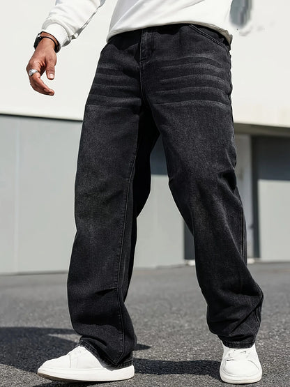 Men's Classic Straight-Leg Jeans - Cotton Blend, Dark Blue Denim, Non-Stretch, All-Season Wear, Comfort Fit with Slant Pockets