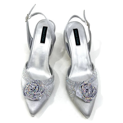 Sparkling Rhinestone Rose Pumps With Medium Heel for Nigerian Women's Party, Pointed Toe Shoes and Matching Bags