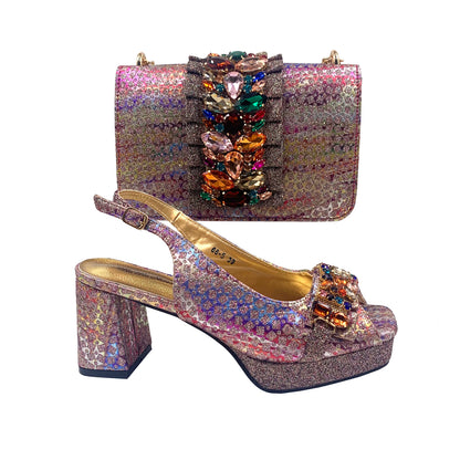 Multi Color Newest Italian Design Special Synthetic Fabrics Women's Matching Shoe and Bag Set High Heel for Weddings and Parties