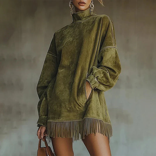 Retro Suede Tassel Women Mini Dress High Neck Long Sleeve Pockets Fringe Hem Party Dress American Retro Autumn Street Dress