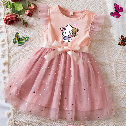 Girls Sequin Tutu Dress with Bow Flutter Sleeves Summer Princess Party Outfit for Toddler Kids 2-6 Years