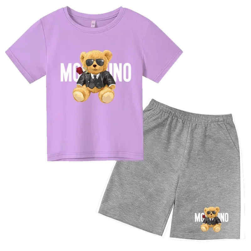 Boys Girls Summer Casual 2Pcs Set Lovely Bear Letter Print T-shirt & Shorts Comfortable Sports Running Suit