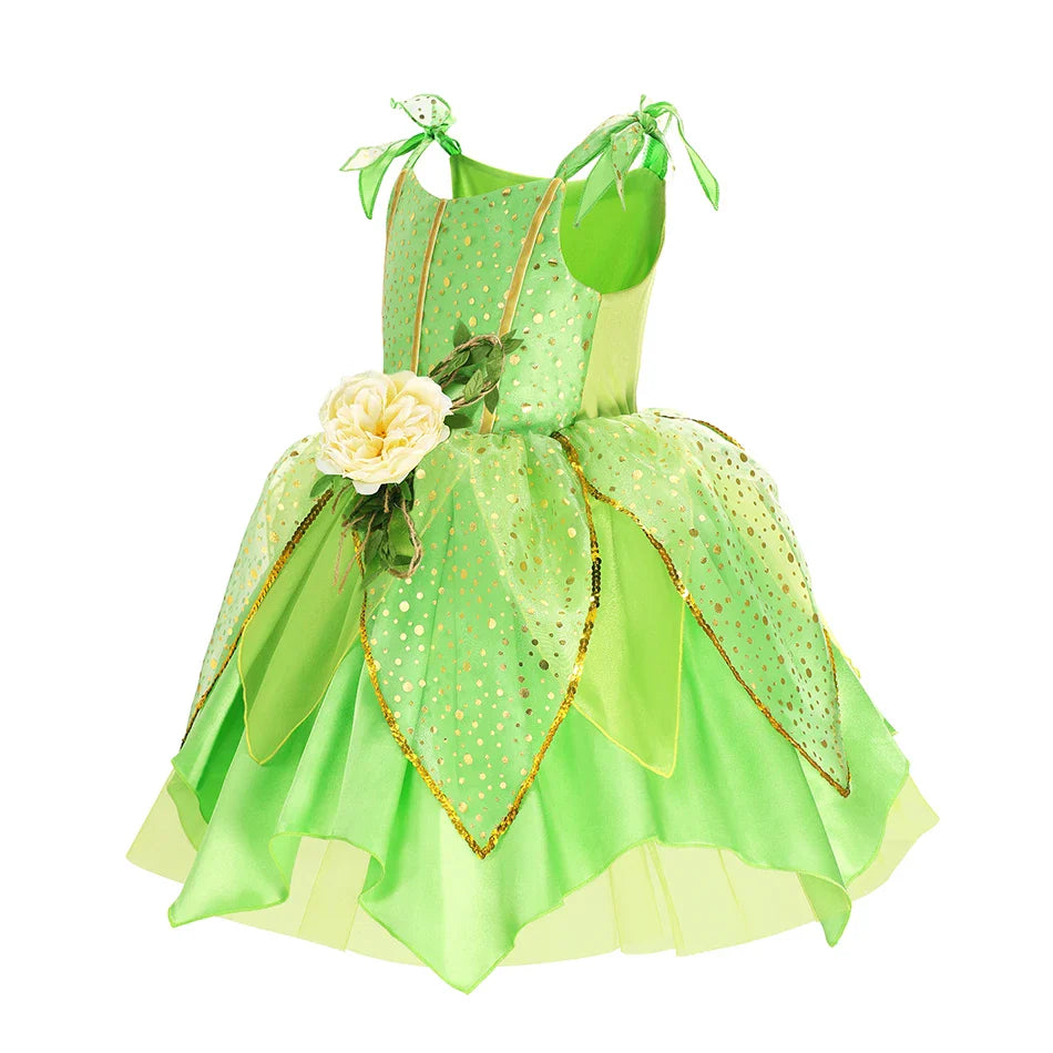Girls Green Elf Dress Princess Dress Up Children Fairy Dress Halloween Cosplay Beauty Flower Fairy Costume Party Clothing