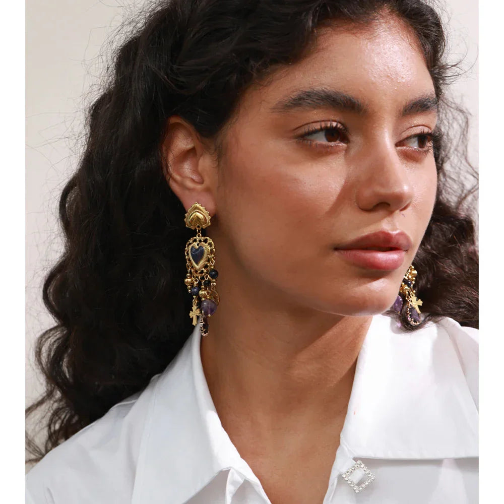 Vintage Stainless Steel Heart Cross Key Charm Pendant Drop Earrings Golden Plated Crystal Resin Stone Waterproof Jewelry