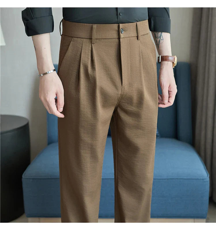 Men's Old Money Style Linen-Cotton Pleated Dress Pants – Lightweight, Semi-Elastic Waist & Wrinkle-Free for Summer