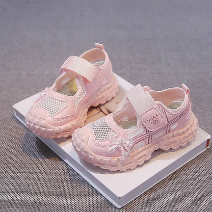 2026 summer new girls' bow mesh toe sandals soft and casual beach sandals children's outdoor walking non slip flat shoes