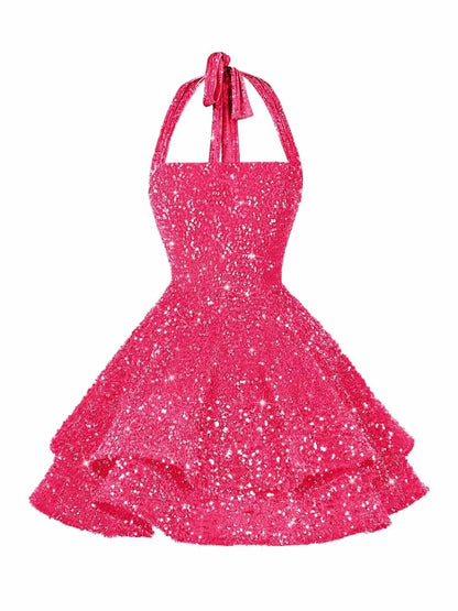 Sequin Short Homecoming Dress for Teens Short Prom Dresses Halter Neck Sparkly Tiered Cocktail Party Gowns