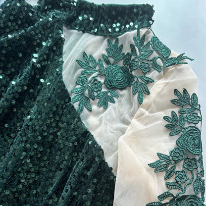 Royal Blue Full Sleeved Lace Floral Sequined Velvet Evening Dress High Neck Hollow Out Long Prom Gown