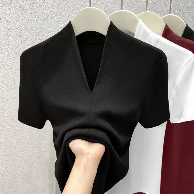V Neck Slim T Shirt Women Cotton Elastic Basic Solid Female Casual Tops Short Sleeve Thin T-shirts