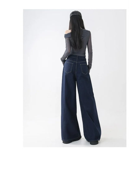High Waist Straight Leg Loose Fit Denim Jeans Women's Floor Length Lazy Wide Leg Meat Concealing Deep Blue American Style Long P