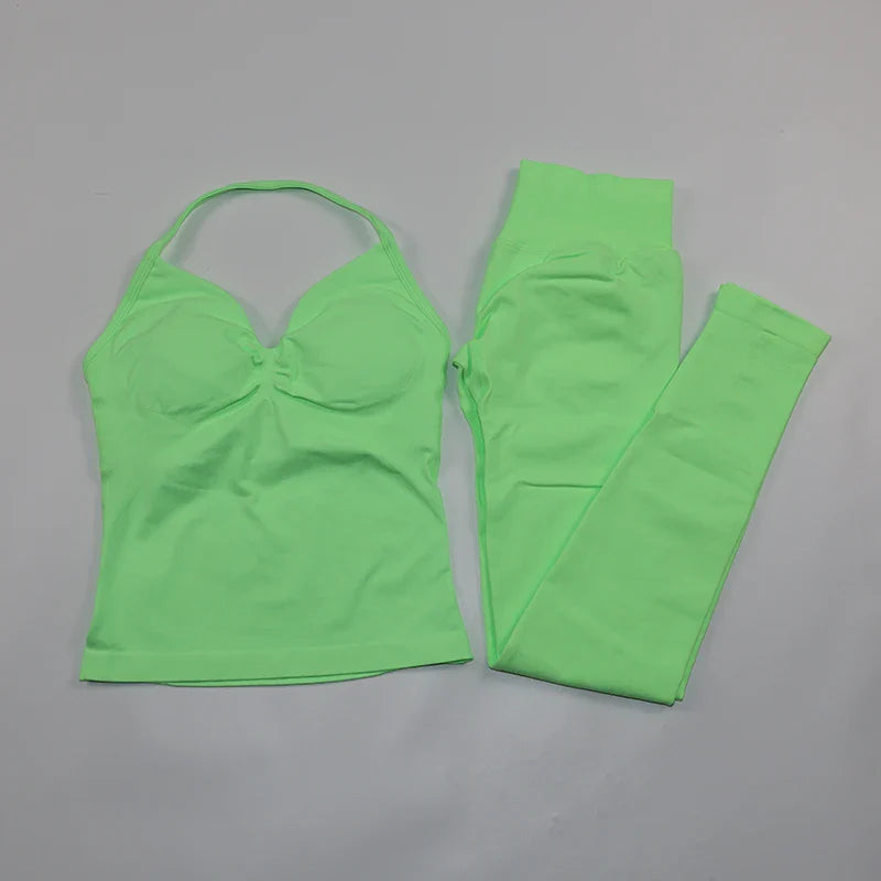 Fitness Leggings Set Women Seamless Yoga Set Fitness Clothing Scrunch Bum Gym Legging Padded Tank Top Workout Outfits Sportswear