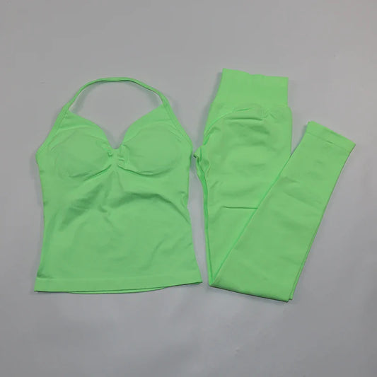 Fitness Leggings Set Women Seamless Yoga Set Fitness Clothing Scrunch Bum Gym Legging Padded Tank Top Workout Outfits Sportswear