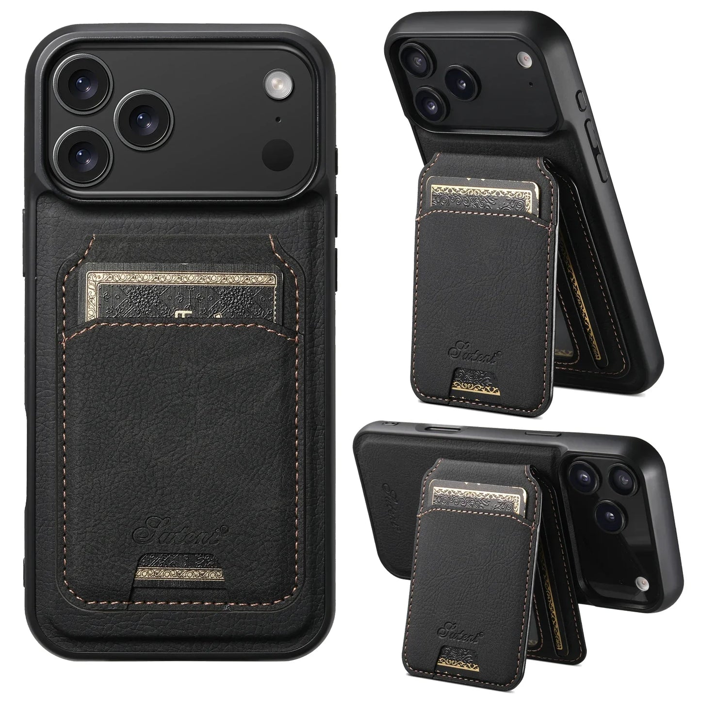 Wireless Charging Phone Case Magnet Card Holder Stand Faux Leather For iPhone 17 Pro Max 16 Plus 15 14 13 12