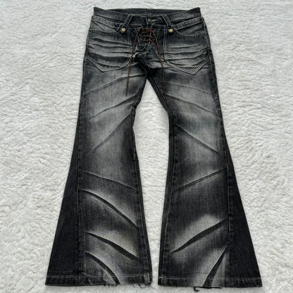 Y2K Distressed Flare Jeans Gothic Men Double Waist Lace Up Denim Pants Retro Washed Scratches Streetwear Unisex Bootcut Jeans