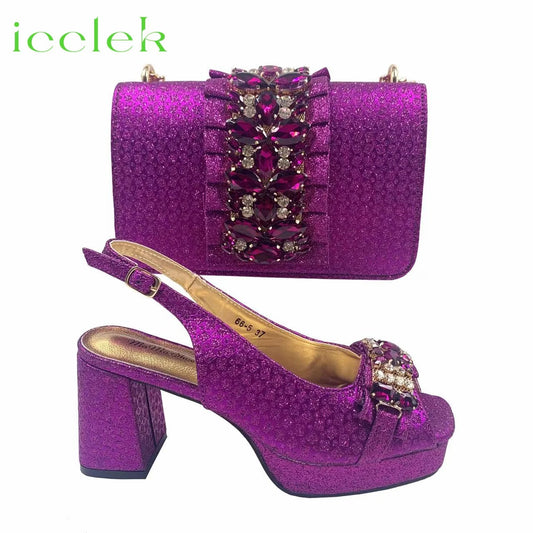 Magenta Italian Latest Styles Women Shoes and Bag Set Comfortable Elegant High Heels Sandals With Decorate Rhinestone