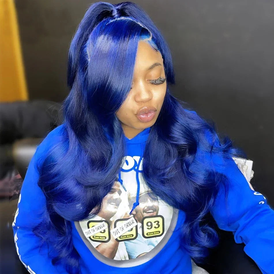Navy Blue 13x4 Lace Front Body Wave Human Hair Wigs Brazilian Blue Colored Transparent Lace Front Wigs For Women Pre Plucked