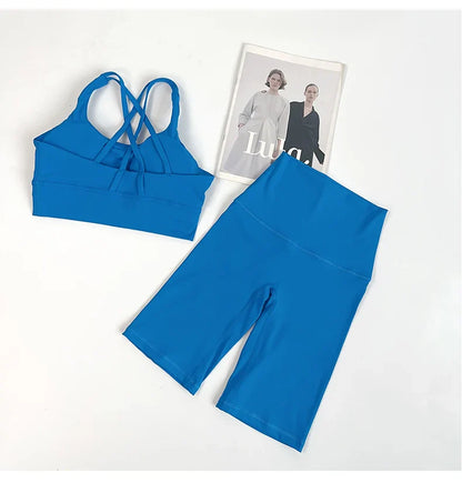 2 Pieces Yoga Shorts Gym Sports Sets Women Fitness Suits Cross Back Bra Top High Waist Shorts Running Workout Tracksuit👚👍️