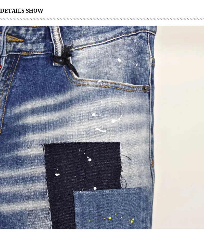 Street Fashion Men Jeans Retro Blue High Quality Elastic Skinny Fit Ripped Jeans Men Patched Designer Hip Hop Brand Pants Hombre
