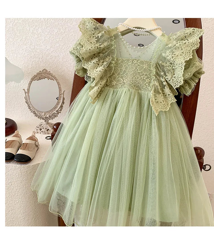 Kid Girl Elegant Light Green Dress for Children Intricate Lace Flutter Sleeves and Voluminous Sparkling Tulle Skirt Summer