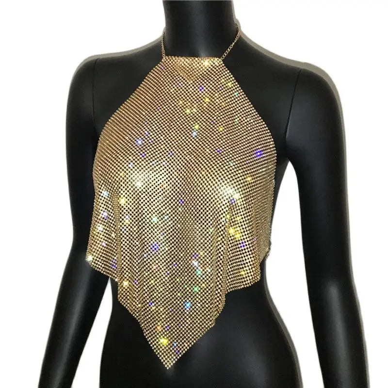 Fashion Summer Backless Tank Top Women Shiny Rhinestone Metal Sequins Halter Neck Camisole Rave Festival Party Crop Tops