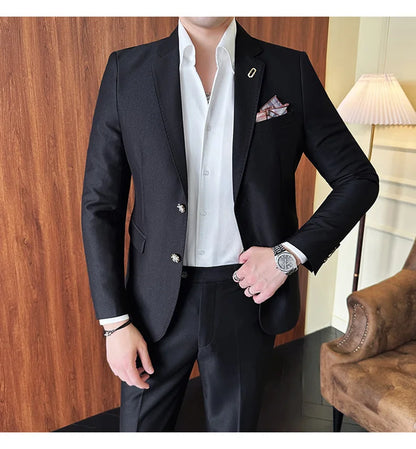 Men's Korean Style Slim Fit Suit Set, High Quality Fabric Solid Color Edge Pressing for Wedding Business