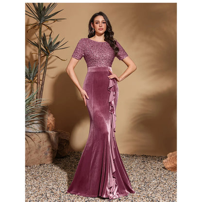 Round neck short sleeve sequined velvet ruffled decorative hip dress
