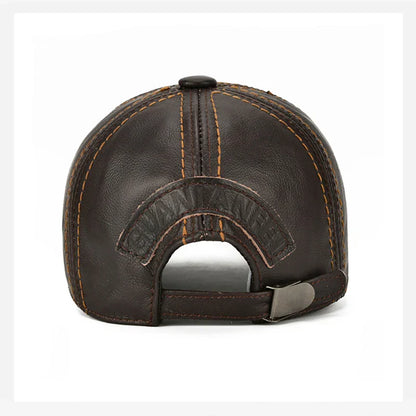 Men Real Cowhide Leather Earlap Caps Male Fall Winter 100% Real Cow Leather Hats New Casual Real Leather Outdoor Baseball Cap