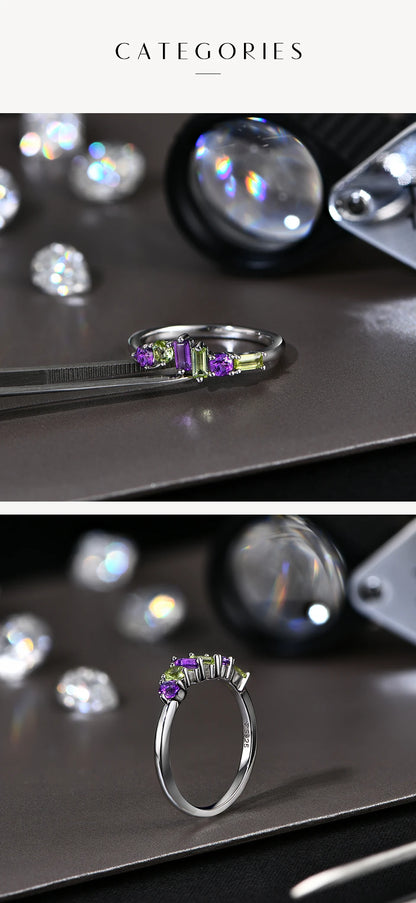 Minimalist Natural Amethyst Peridot Ring 925 Sterling Silver for Women Men Fine Wedding Party Wear Jewelry Gifts