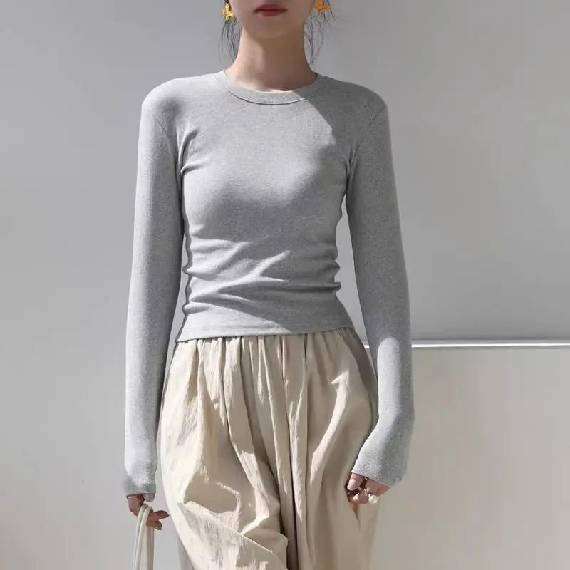 Camisa Feminina Gola O Manga Longa de Algodão Sexy Cropped Tops Outono 2025 Preta Casual Skinny Slim Básica Camisetas Femininas Roupas Brancas