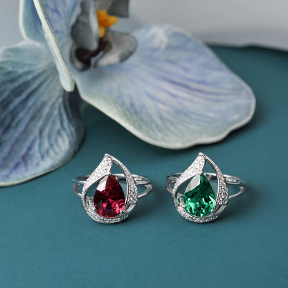 Pear 2.67ct Simulated Nano Emerald Created Ruby 925 Sterling Silver Ring for Women Statement Wedding Gemstone Jewelry