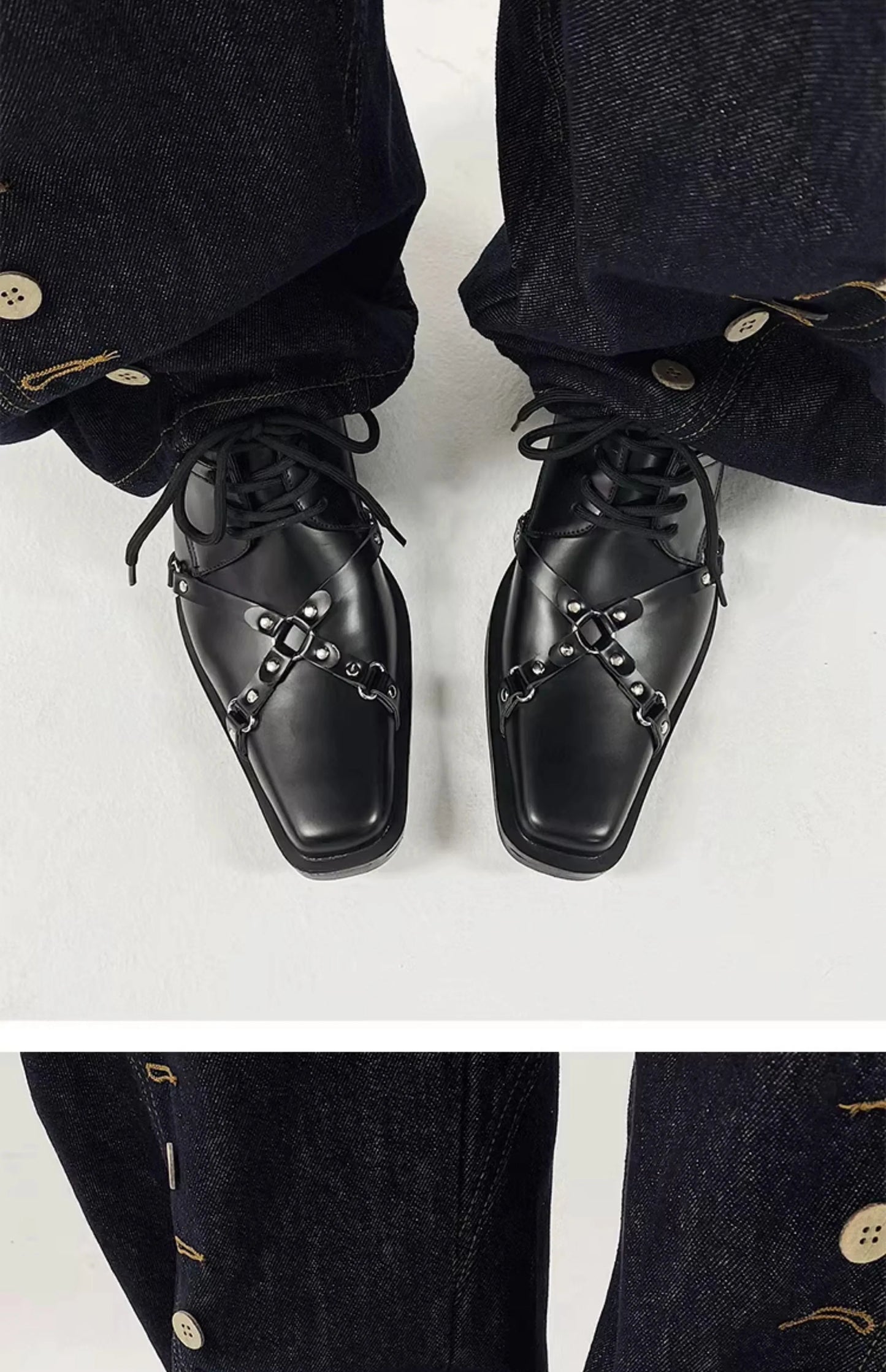 Men's formal leather shoes pointed niche design dark style Oxford shoes strap metal decoration business casual derby shoes