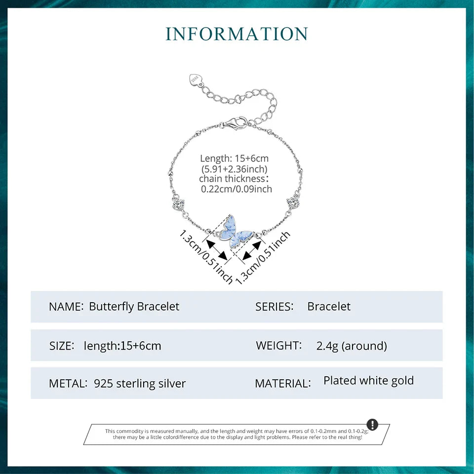 925 Sterling Silver Butterfly Charm Bracelet Lightweight CZ Beads Link Chain for Women Teens Gift Natural Wrist Decor