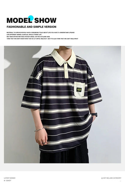 2024 New Summer Men POLO Shirt Trend Loose Clothing Students Short-sleeved T Shirt Tops Round Neck Five-quarter Sleeve Harajuku
