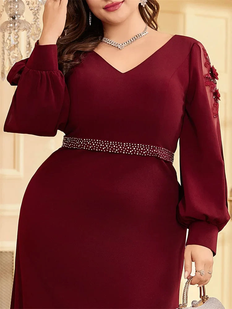 Plus Size Luxury V-Neck Red Long Sleeves Applique Formal Evening Dresses Women V-back Wedding Party Maxi Guest Gowns