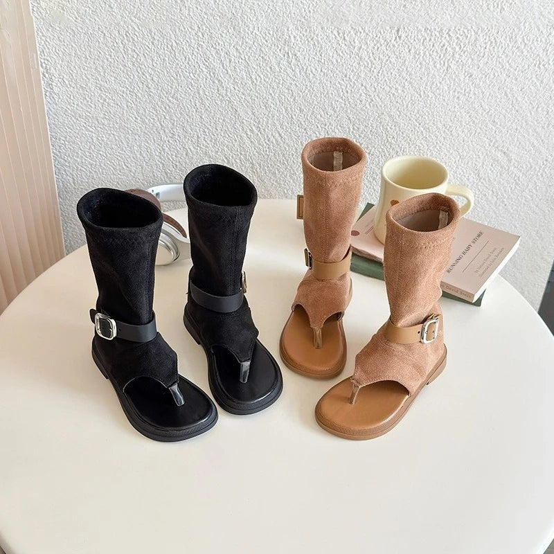 Summer Princess Long Pipe Boots Roman Sandals for Kids Girl Brand Design Ankle Strape Stretch-Satin Flip Flop Girls Shoes I06242