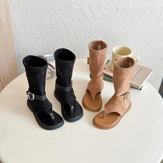 Summer Princess Long Pipe Boots Roman Sandals for Kids Girl Brand Design Ankle Strape Stretch-Satin Flip Flop Girls Shoes I06242